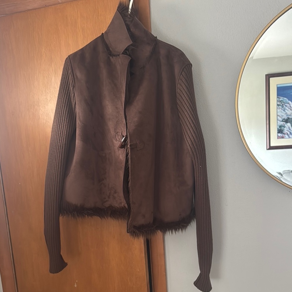 Brown Women's Jacket with Knit Sleeves